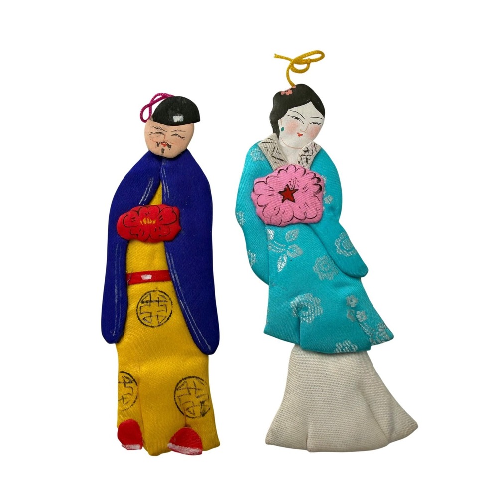 Vintage Chinese Silk Fabric Dolls Hanging Ornaments Set 2 Folk Art Decor 5.5"